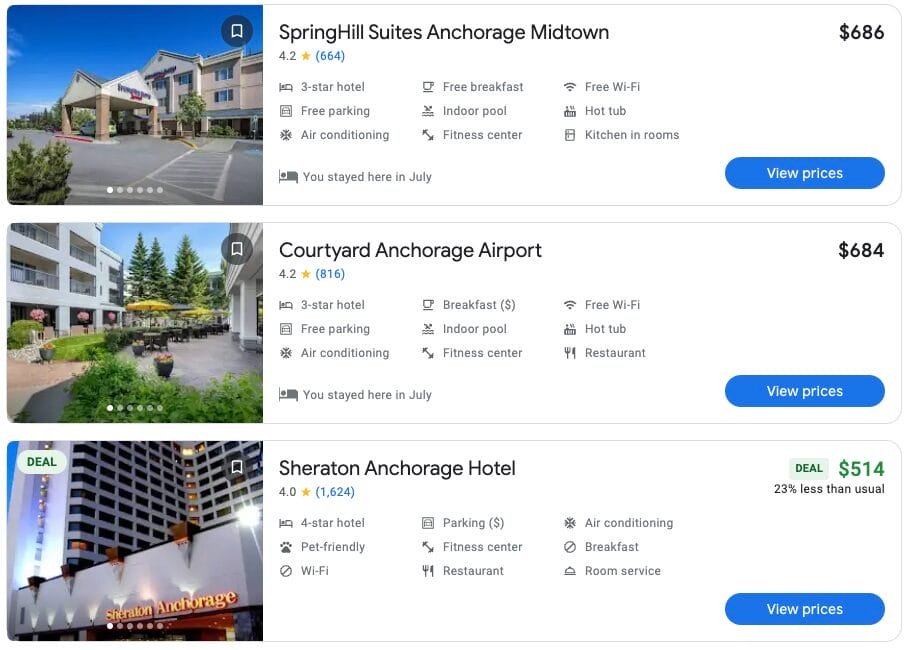 Website showing prices for hotels in Anchorage